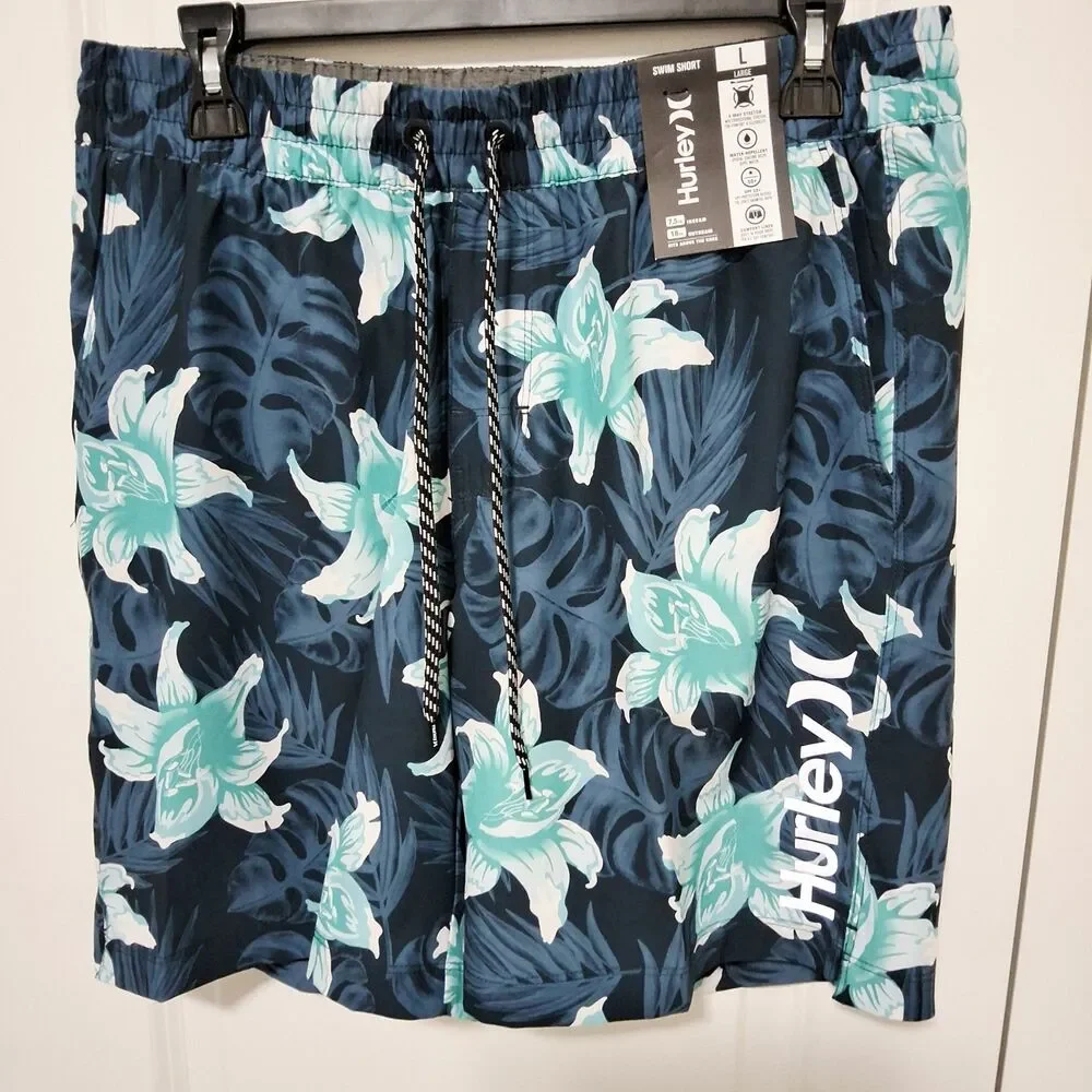 Hurley Men's Logo Stretch UPF 50+ Swim Shorts Blue Tropical Size Large NWT
